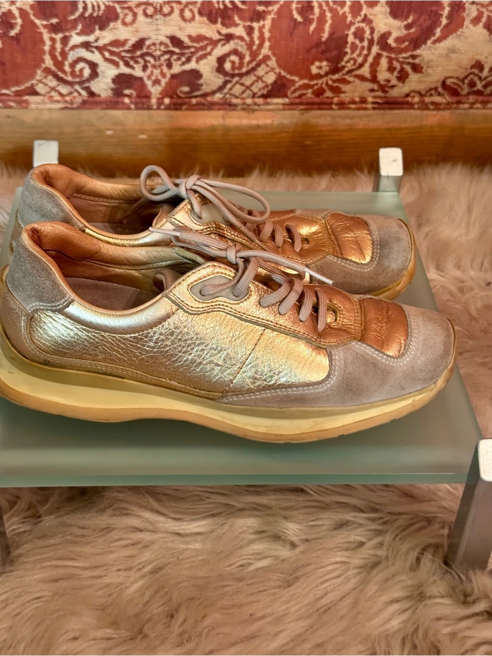 Prada Metallic Rose Gold and Taupe Leather Sneakers-Vintage